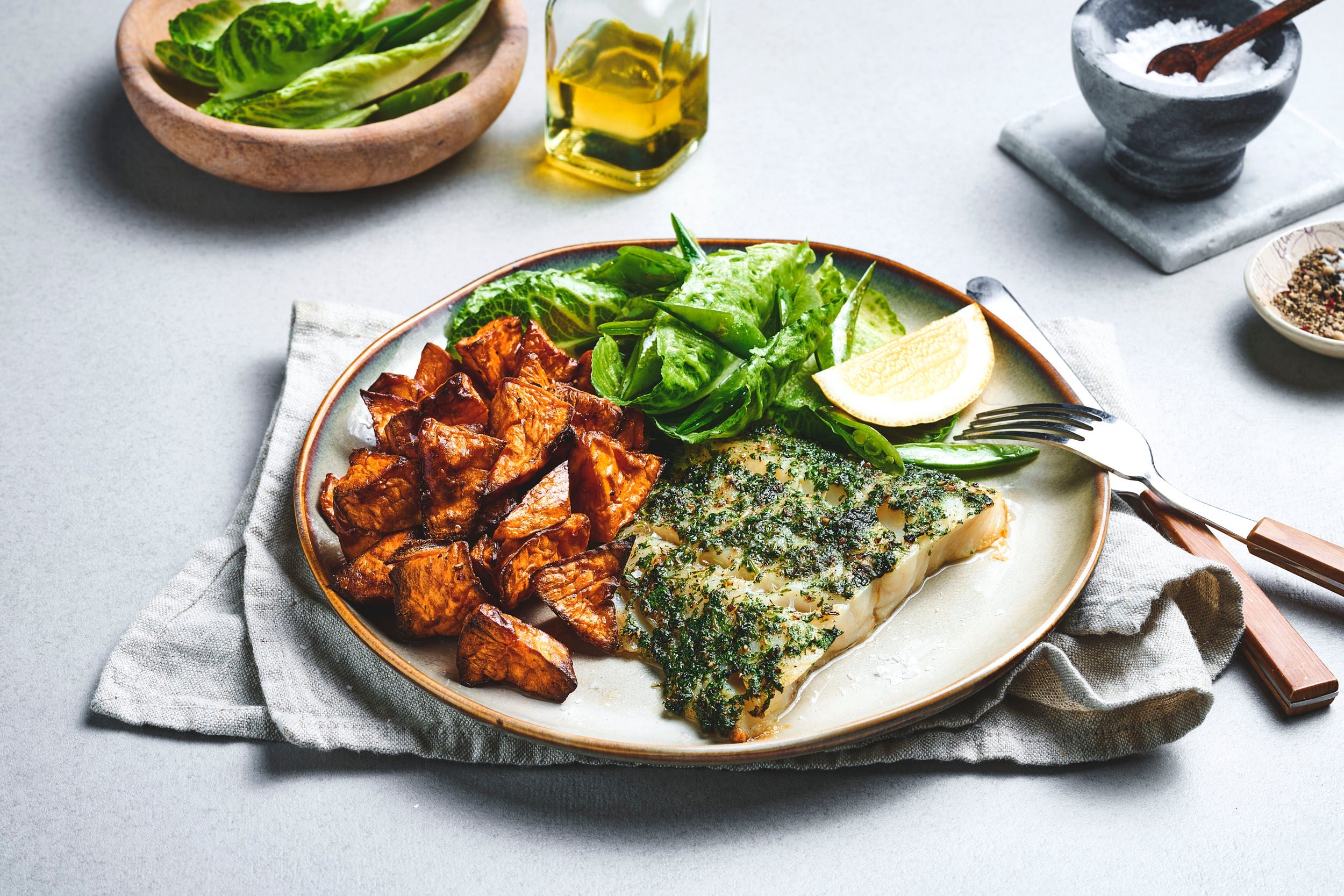 Urtemarinert torsk med søtpoteter